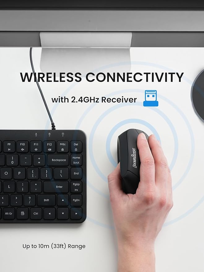 Perixx PERIMICE-715RX Wireless Rechargeable Vertical Mouse - Duo Wired and Wireless Charging Feature - Charger Included - Right-Handed - Black
