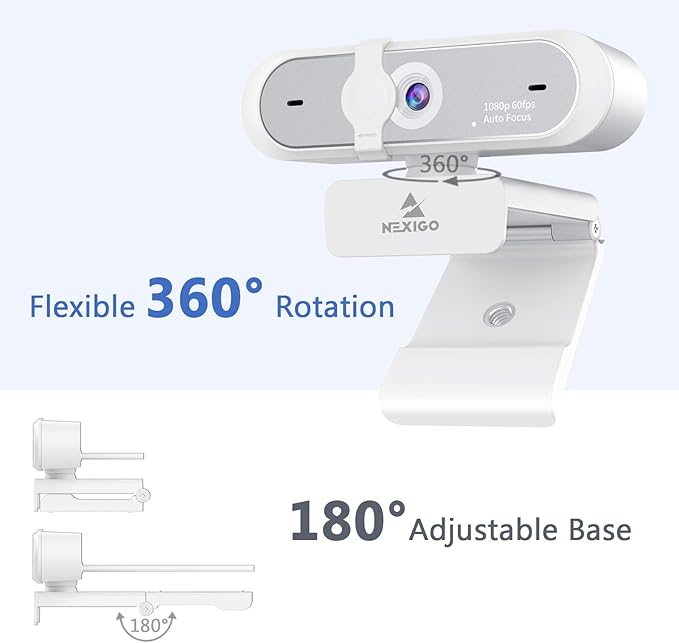 NexiGo N660P (Gen 2) 1080P 60FPS Webcam with Software Control Dual Microphone &amp Cover Autofocus HD USB Computer Web Camera for OBS/Zoom/Skype/FaceTime/Teams/Twitch White