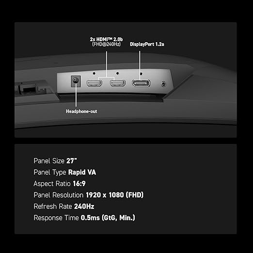msi MAG 274CF X24 27-inch 1920 x 1080 (FHD) Gaming Monitor 240Hz AMD Adaptive-Sync HDR Ready HDMI VGA Port VESA Mountable Tilt 4-Side Slim Bezel 0.5ms Black