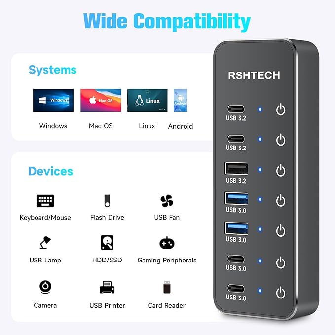 RSHTECH 7-Port Powered USB 3.2/USB-C Hub Splitter with 3 x 10Gbps USB-3.2 Ports (2C + 1A)4 USB-3.0 Ports (2C + 2A) 3.3ft Cable Touch Switches and 5V Power Adapter for Laptop PC