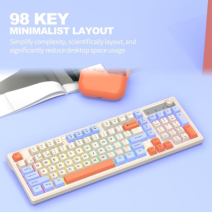 Docooler Gaming Keyboard Dual-Mode BT/2..4GHz Mechanical Keyboard with Backlit Rechargeable Keyboard 98 Keys Wireless Keyboard with Volume Control Knob for Computer Laptop PC - Gray/Blue/Shimmer