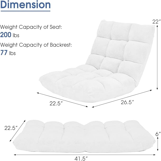 GORELAX Memory Foam Floor Chair 14-Poistion Adjustable Reading Gaming Chair Recliner Folding Cushioned Meditation Chair with Back Support Padded Lazy Sofa for Adults Kids (White)
