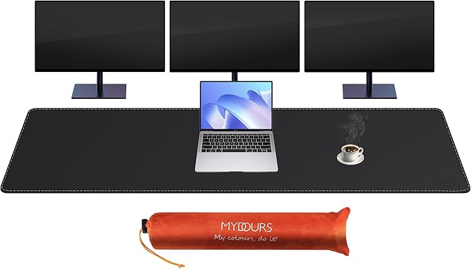 Mydours PU Leather Desk Mat 74.8x15.7 Ultra Large Desk Pad Waterproof Computer Pad Desktop Protector Easy Clean with Suede Base for Office Home Decoration Keyboard and Mouse (Black)
