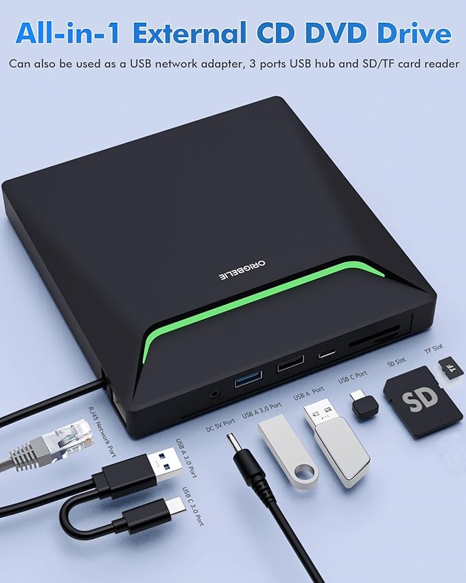 New External CD DVD Drive Cool DVD Burner USB 3.0 with Ethernet Adapter 3 USB and 2 TF/SD Card Ports CD DVD Player Reader Writer Optical Disc Drive for Laptop PC Windows Mac with Carrying Case
