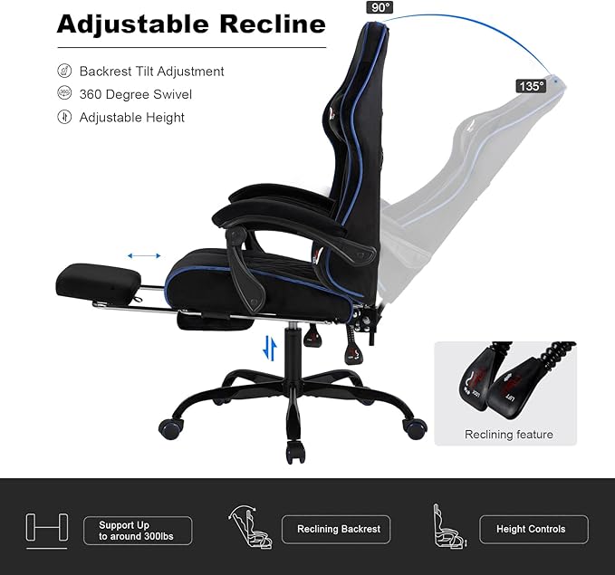Velvet Gaming Chair for Adults with Pocket Spring Cushion SeatSoft Gaming Chair Fabric with Extendable Footrest Swivel Recliner with Ergonomic Lumbar Support and Headrest for Home/Office(Blue)
