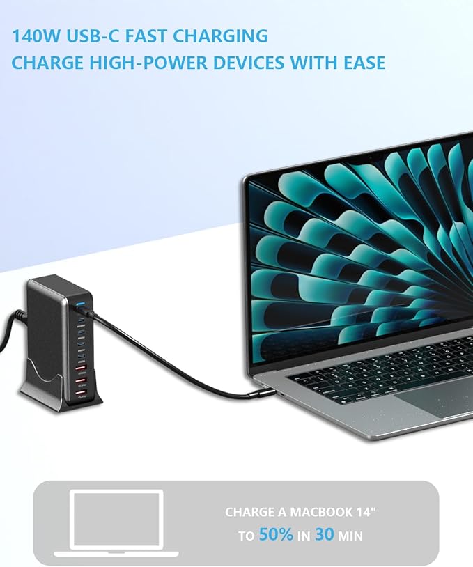 USB-C GaN Charger 8 in 1 Charging Station Dual 140W PD PPS Port+Dual 100W PD Port for Multiple Electronics DevicesLaptop Wall Charger Compatible with MacBook/iPhone 16/iPad (600W)