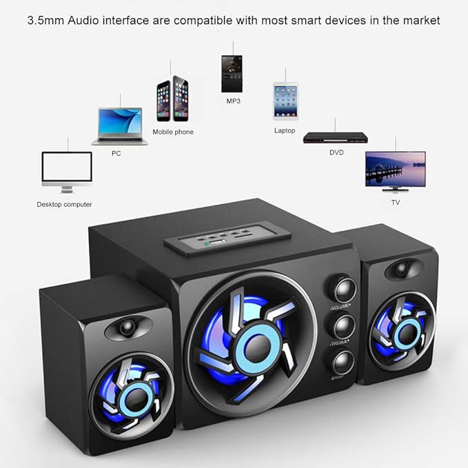 Passive Bookshelf Speakers for PC Computer 2.1 Channel Home Stereo Theater Speakers Treble and Bass Adjustable 3D Surrounding Speaker 3.5mm AUX