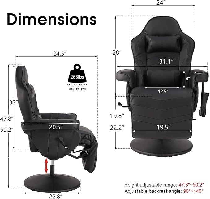 LVUYOYO Reclining Gaming Chair Gaming Chair with Footrest and Massage High Back PU Leather Gaming Recliner w/Adjustable Height Swivel Game Chair with Lumbar Support Cup Holder Headrest