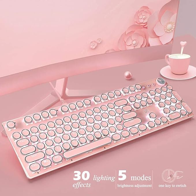 Pink Typewriter Keyboard and MouseRetro Vintage Mechanical Gaming Keyboard with White LED Backlit104 Keys Anti-Ghosting Blue Switch Wired Cute KeyboardRound Keycaps for Desktop PC/Laptop Mac