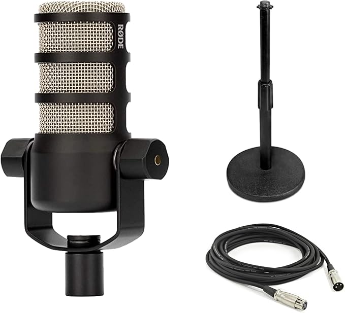Rode PodMic Dynamic Podcast Microphone with Gator GFW-MIC-0501 Desktop Mic Stand XLR Cable and StreamEye Polishing Cloth