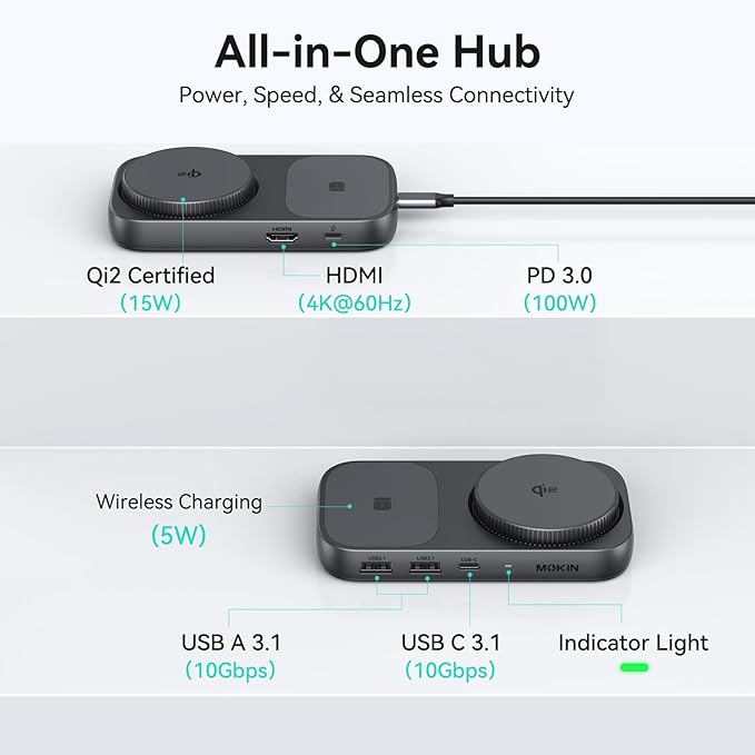 MOKiN USB C Hub 15W Wireless Charger Qi2 Certified Magsafe Charging Stand with 4K@60Hz HDMI 100W PD 10Gbps USB C/A and 5W Charging Pad Laptop Docking Station for MacBook/Windows