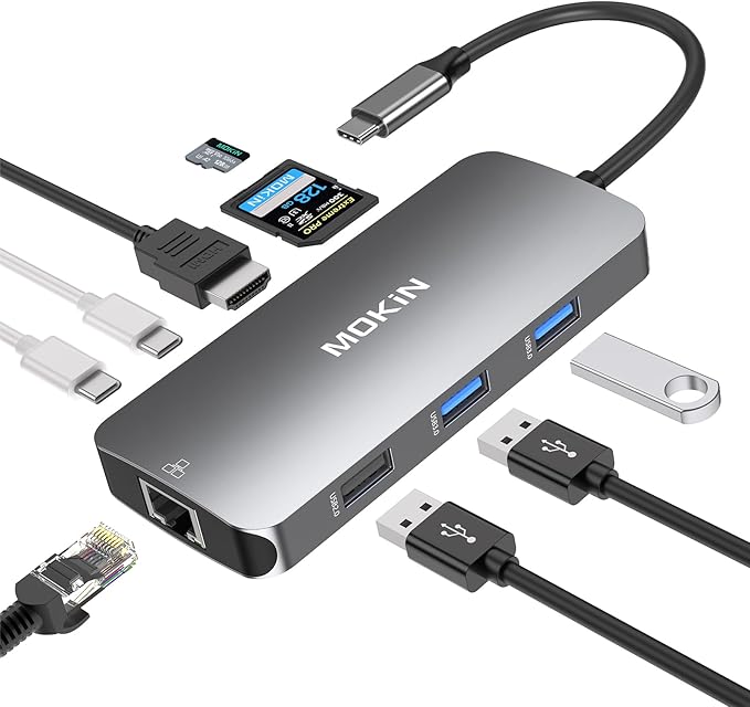 USB C Adapters for MacBook Pro/AirMac Dongle with 3 USB PortUSB C to HDMI USB C to RJ45 EthernetMOKiN 9 in 1 USB C to HDMI Adapter100W PD Charging USB C to SD/TF Card Reader USB C Hub