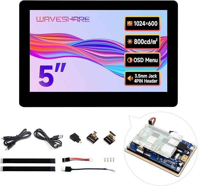 waveshare 5inch High-Brightness Touch Screen Compatible with Raspberry Pi 5/4B/3B/Zero/Zero W/Zero 2W/Pico/Pico W/Pico WH Supports Windows 11/10/8.1/8/7 and Jetson Nano Wide-Bezel Capacitive Touch