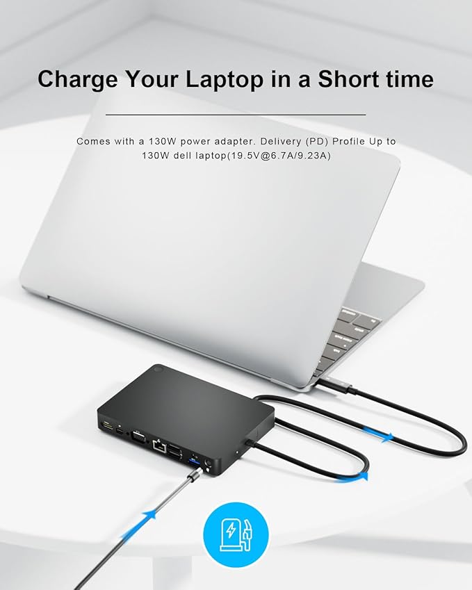 WD15 USB-C Docking Station - Dual 4K Displays or Single 4K Display with MiniDP HDMI VGA for Dell USB-C Laptops (1DP 1HDMI 1VGA 3USB3.0 2USB 2.0 1Audio 1Speaker Out)