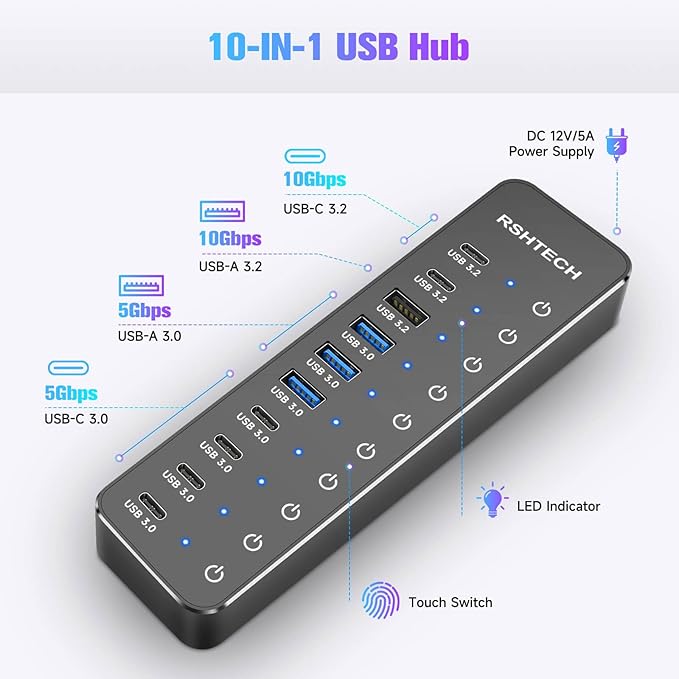RSHTECH 10 Ports Powered USB 3.2/USB C Hub Splitter 60W with 3 x 10Gbps USB 3.2 Ports (2C + 1A)7 x USB 3.0 Ports (4C + 3A) 3.3ft Cable and Individual Touch Switches for Laptop PC