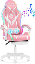 HOFFREE RGB Gaming Chair with Speakers and Massage Ergonomic Computer Chair with Lights and Footrest Reclining Video Game Chairs for Adults Pink and White