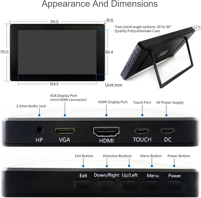 7inch Capacitive Touch Screen LCD for Raspberry Pi 5 4 3/Jetson Nano/PC Windows/Game Console 1024×600 Resolution HDMI IPS with Black Cover Case (7inch HDMI LCD (H) with case)