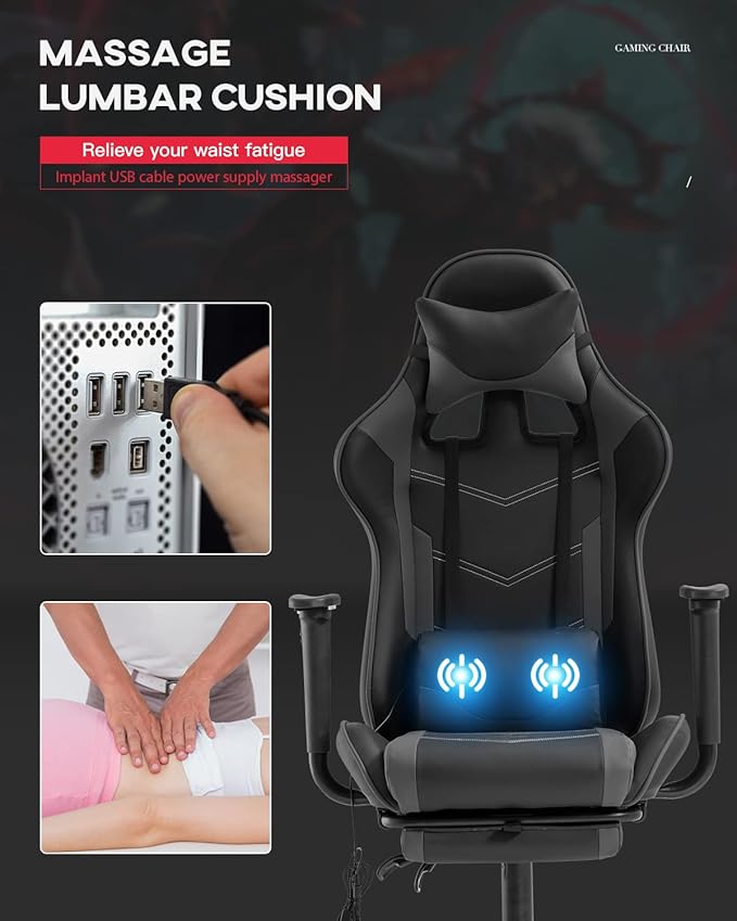 Ergonomic Big and Tall Gaming Chair - Massage Function Lumbar Support Footrest &amp Armrest - PU Leather Racing Style Chair for Adults