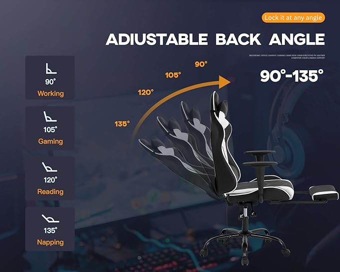 Massage Gaming Chair Ergonomic Computer Racing Style Office Chair Adjustable High Back Gamer Chair for Home Office with Footrest Headrest Lumbar SupportWhite