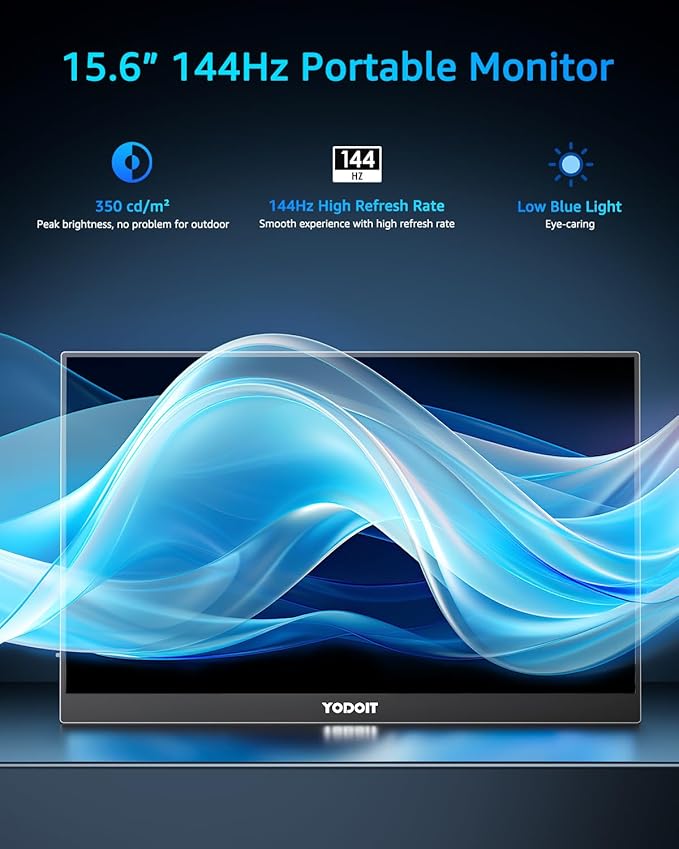 Yodoit Portable Monitor 144Hz 15.6Inch - 1080P Gaming Screen for Laptop IPS Display with USB Type C Port and Speakers with Smart Cover Metal Compatible with PC MacBook Xbox (Black)