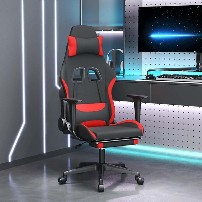 Ergonomic Massage Gaming Chair with Retractable Footrest Black and Red Fabric Reclining Computer Office Desk Chair for Adults