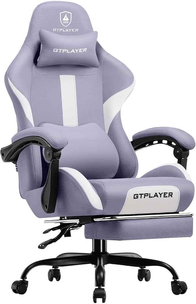 GTPLAYER Gaming Chair with Foot Rest &amp Pocket Spring Cushion Breathable Fabric for Home Office Desk Ergonomic High Back Computer Chair with Headrest &amp Lumbar Support Lavender Purple