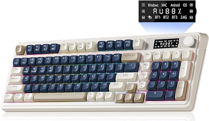 AULA S99 Pro Wireless Keyboard Gaming Keyboards Media Knob Custom RGB Backlit 3-Modes BT/2.4G/USB-C Membrane Cute Creamy Keyboard for Windows/MAC/PC Gamer - Blue White