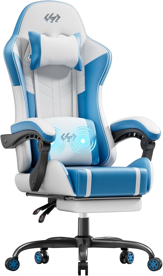 HLDIRECT Gaming Chair Ergonomic Video Game Seat with 360° Swivel &amp Lumbar Massage Computer Chair PU Leather Cushion for Adults Home/Office Use (Whtie &amp Blue)