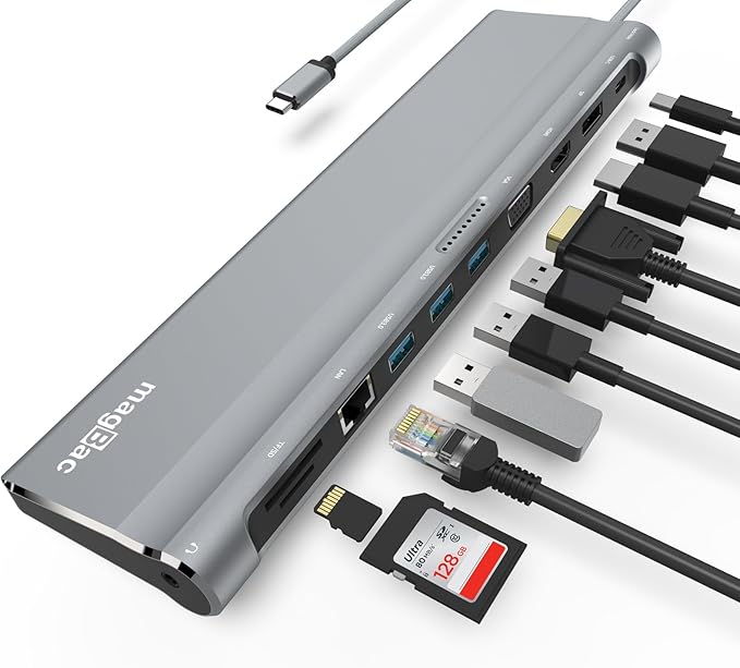 USB C Docking Station Dual Monitor 12 in 1 Laptop Docking Station 3 Monitor 4K Display with HDMI DP VGA USB 3.0 100w PD 1000Mbps LAN TF/SD Audio USB C Dock Compatible with Windows Laptop