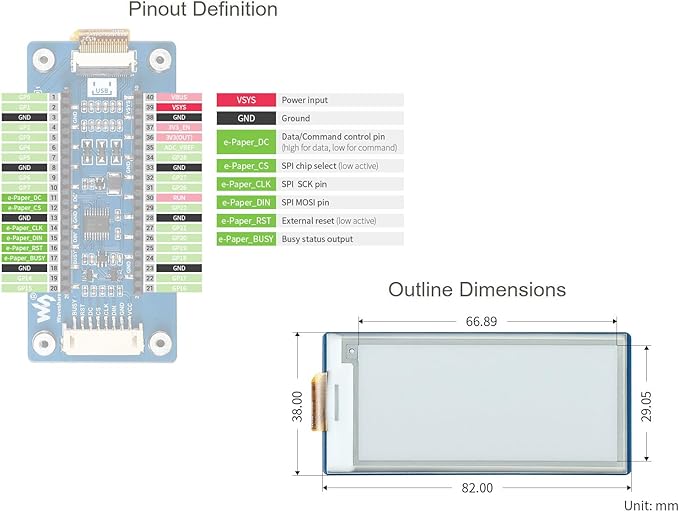 waveshare 2.9inch E-Paper E-Ink Display Module for Raspberry Pi Pico 296×128 Pixels Black/White Partial Refresh Support with SPI Interface