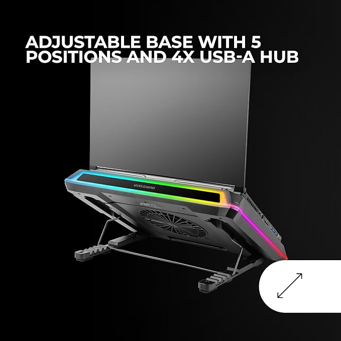 Mars Gaming MNBC Ultra Cooling Base and Stand 140 mm Fan CoolCore Airflow Technology RGB Chroma 5 Positions Compatible with Laptops up to 18 Inches Smartphone Holder 4 x USB-A Black