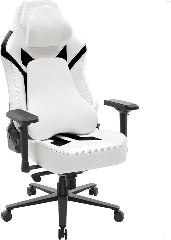 Ergonomic Gaming Chair Wyrdforging Computer Desk Chairs 4D Armrests High Back Office Chair With Headrest &amp Lumbar Pillow Tilt Rocker Recliner Heavy-Duty Base White PU Leather &amp Black Sue