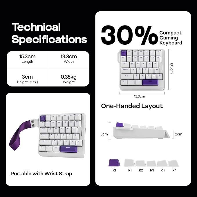 EPOMAKER HE30 One-Handed Hall Effect Keyboard 8K Polling &amp 0.125ms SOCD &amp Snap Key Adjustable Trigger PBT Keycap RGB Custom Software Wired Gaming Keyboard for PC/Gamer (White Purple)