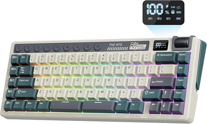 RK ROYAL KLUDGE M70 Wireless Mechanical Keyboard with Macro Keys 2.4GHz/Bluetooth/Wired 75% Gaming Keyboard with 6000mAh Battery Gasket-Mount Display &amp Knob RGB Hot-Swappable Soft Tactile Beige Sw