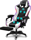 RGB Computer Chair with Footrest Massage Gaming Chair with Speakers Music Video Game Chair with Lumbar Pillow Support and Headrest High Back Gamer Chair Office Chair for Office or GamingWhite