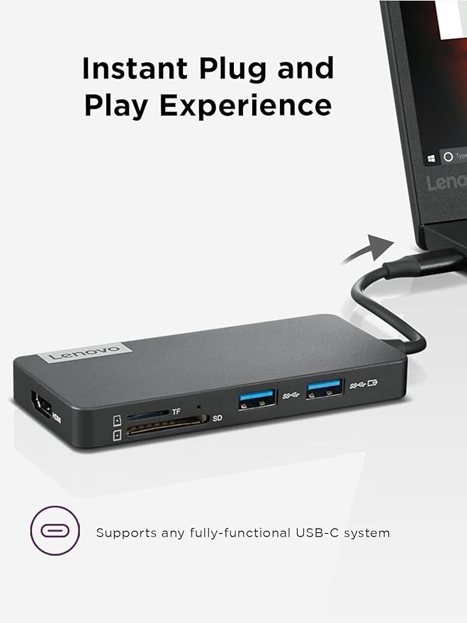 Lenovo – USB-C 7-in-1 Hub – Computer Networking Laptop Accessory – Laptop Docking Station - 4K via HDMI 3 USB-A devices 2 SD/TF Card Readers USB-C Power Pass Through