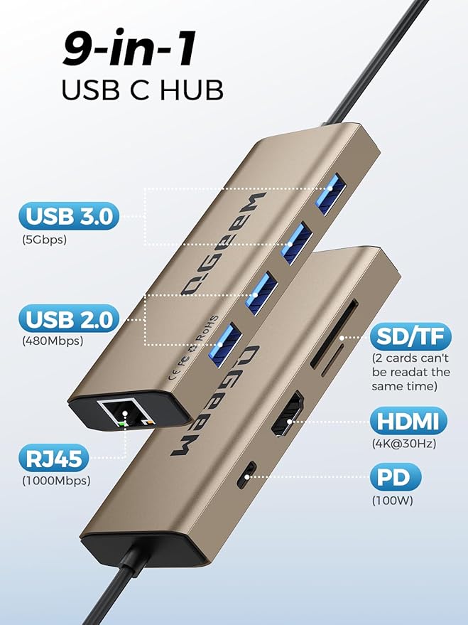 QGeeM USB C Hub Ethernet9 in 1 USB Type C Hub HDMI Multi-Port Converter Adapter100W Pd USB 3.0SD/TF Card ReaderCompatible for MacBook Pro Air Ipad HP Dell Lenovo Chromebook etc.-Brown