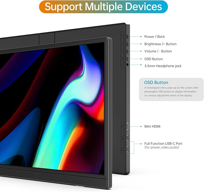 Portable Monitor 16.0inch FHD 1920 * 1200P USB C HDMI Ultra-Slim IPS Travel Display &amp Speakers HDR Plug&ampPlay External Monitor for Laptop PC PhoneMac