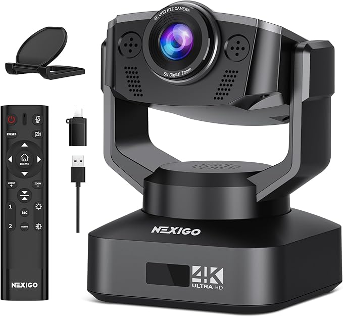 Zoom Certified NexiGo N990 (Gen 2) 4K PTZ Webcam Video Conference Camera System with 5X Digital Zoom Sony_Starvis Sensor Position Preset Dual Stereo Mics 3.5mm Audio Jacks for External Mics
