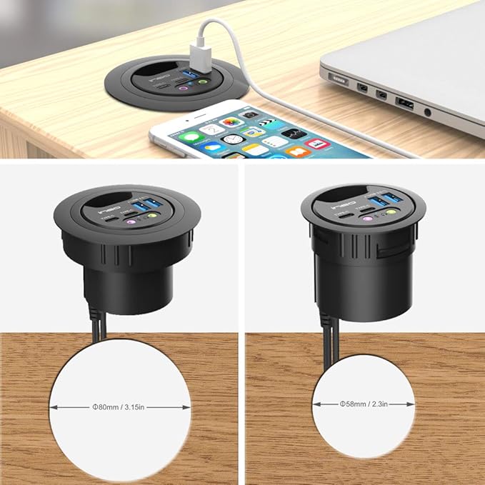 ineo Grommet Desk-Fit (Diameter 2.3 to 2.4) 2Type A + 2Type C with 3.5mm Audio Mic Jack + 3.2 Expandable case (Power is not Included)[THC06 - VI Plus]