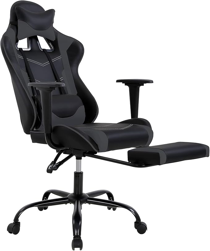 Gaming Chair for Adults - 250lbs Capacity Video Game Chair with Footrest &amp Lumbar Support Ergonomic 360° Swivel Height Adjustable Office Gamer Chair Heavy-Duty PU Leather (Grey)