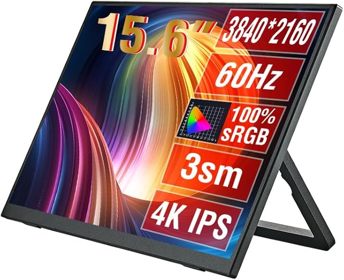 15.6 inch 4K Portable Monitor HDR 16:9 Low Blue Light for Xbox/ PS5/ 4/ Switch/Mobile Phone/Computer/Laptop Expansion