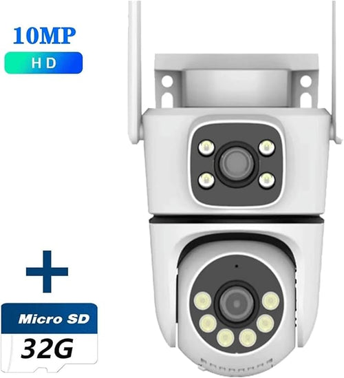 10MP Dual-Lens 5G WiFi Camera PTZ Outdoor 4K HD Dual Screen Home Security-Protection Camera Color Night Vision Surveillance(AU Plug10MP with 32G Card)