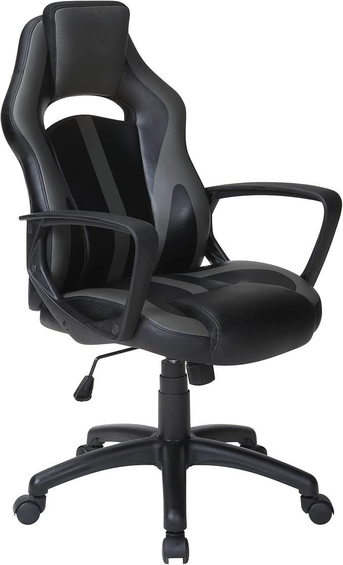 OSP Home Furnishings Influx Adjustable Faux Leather Gaming Chair with Lumbar Support and Full 360 Rotation Grey Accents