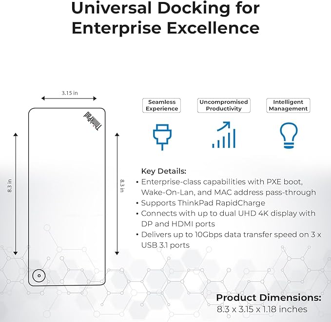 40AF0135US Docking Station Dual Monitor Hybrid USB-C with USB-A - 1 Year Warranty Thinkpad Dock w/ 135W Adapter HDMI DisplayPort USB-C Cable Cloth - Laptop Docking Station (Renewed)