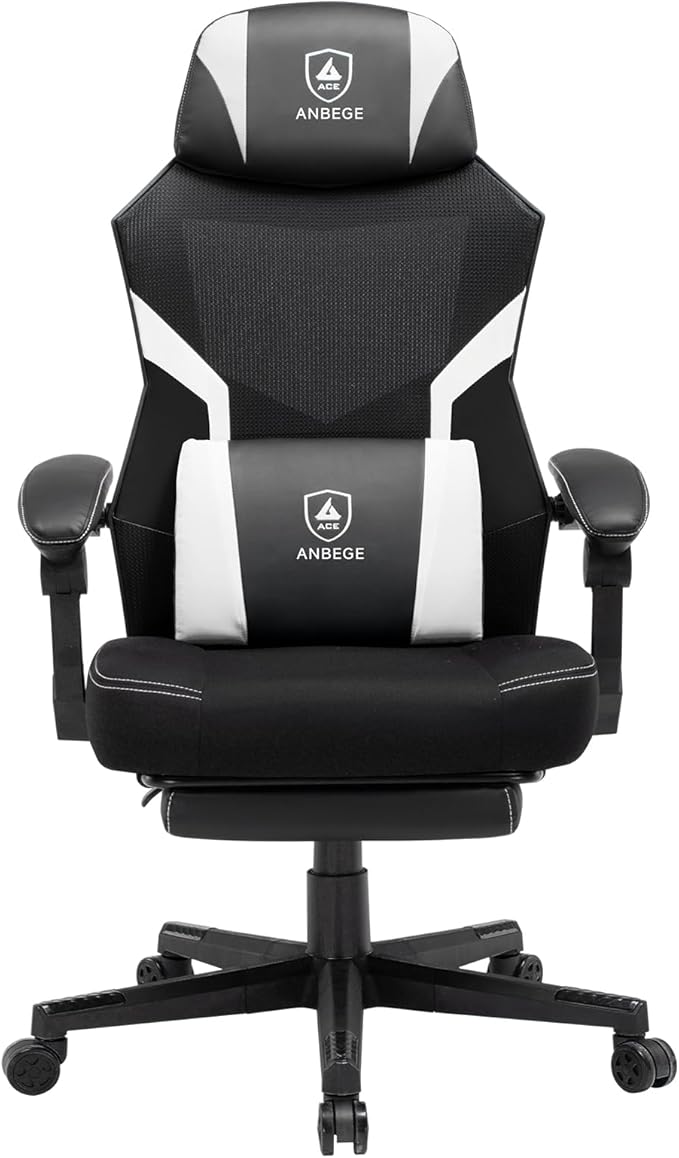 Ergonomic Mesh Video Gaming Chair with Footrest Height Adjustable Computer Chair with Lumbar Support High-Back Breathable Reclining Swivel Chair for Adults Home Office &amp Work (White)