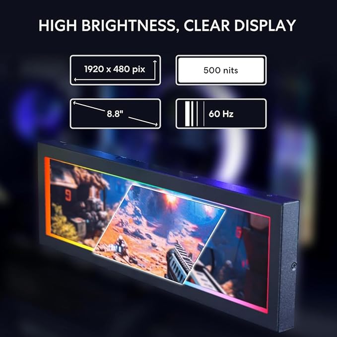 Gugxiom 8.8 Inch PC Sensor Panel Display 1920x480 IPS Secondary Screen for Computer Case Monitor CPU GPU RAM Temp Data Aluminum Alloy - USB Type C 60Hz (Black)