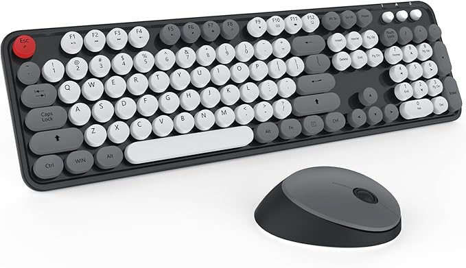 Wireless Keyboard and Mouse KOOTOP Cute Keyboard and Mouse 2.4G Wireless Keyboard with Retro Round Keycap for PC Mac LaptopTabletComputer Windows (Grey)