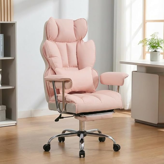 Big and Tall Office Chair 400lbs - Heavy Duty Executive Desk Chair with Footrest High Back PU Leather Ergonomic Computer Chair with Extra Wide Seat &amp Thick Cushion for Home Office (Pink)