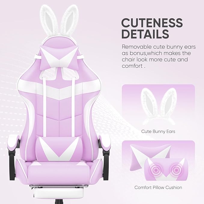 Huracan Gaming Computer Chair with Footrest Adjustable Video Game Chairs for Adults Heavy Duty Office Chair with Headrest and Lumbar Support Light Purple